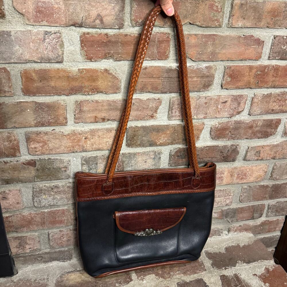 VTG BRIGHTON Croc Emboss Leather Bucket Hobo Shoulder Bag Handbag Black Brown